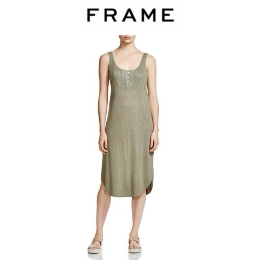 Frame Henley Linen Tank Dress in Olive (D9)
